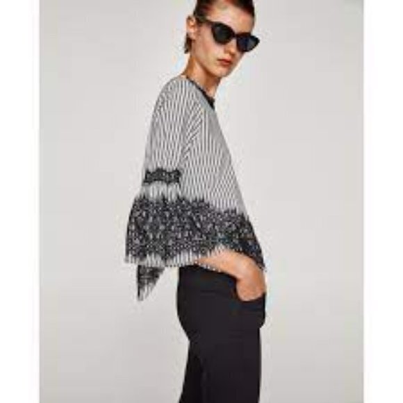 Zara Striped Bell Sleeve Top with Lace Detailing Womens Size S Blouse Crewneck - Picture 5 of 11